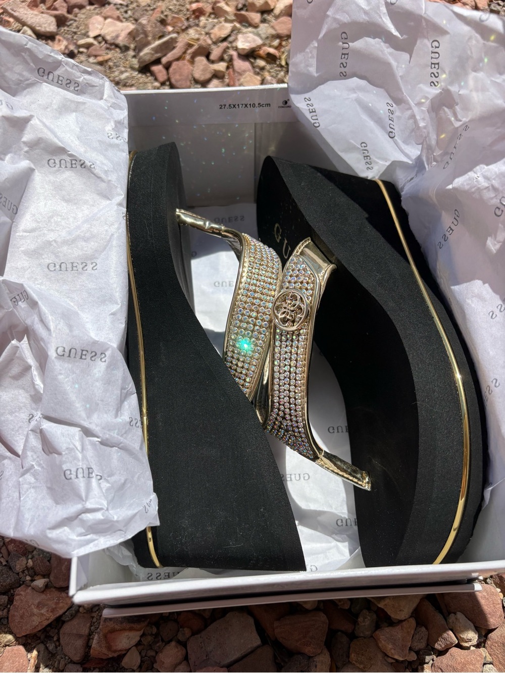 GUESS Sarraly 4 Gold Rhinestone Wedge Sandals Size 8 NIB W Crystal Accents